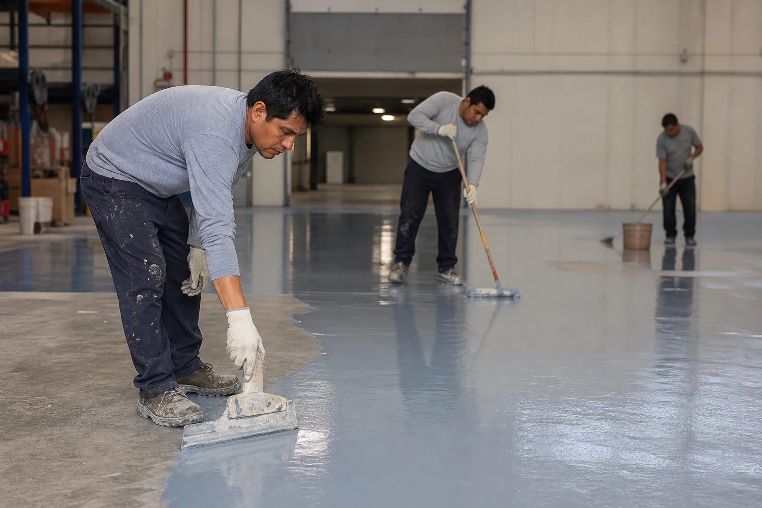 Equipo aplicando recubrimiento epóxico sobre piso industrial